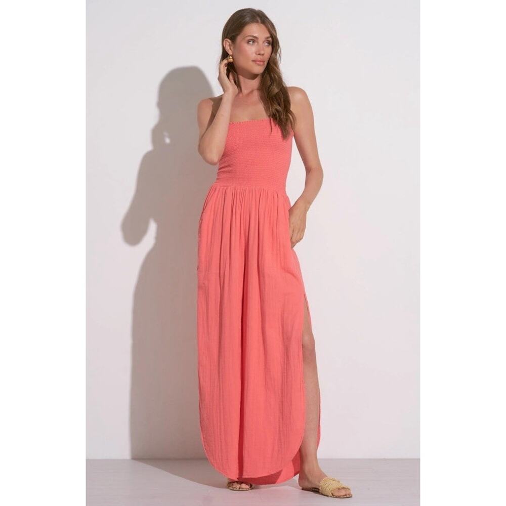 Elan Cotton Strapless Split Seam Jumpsuit - Coral Small 2-4 new with tag